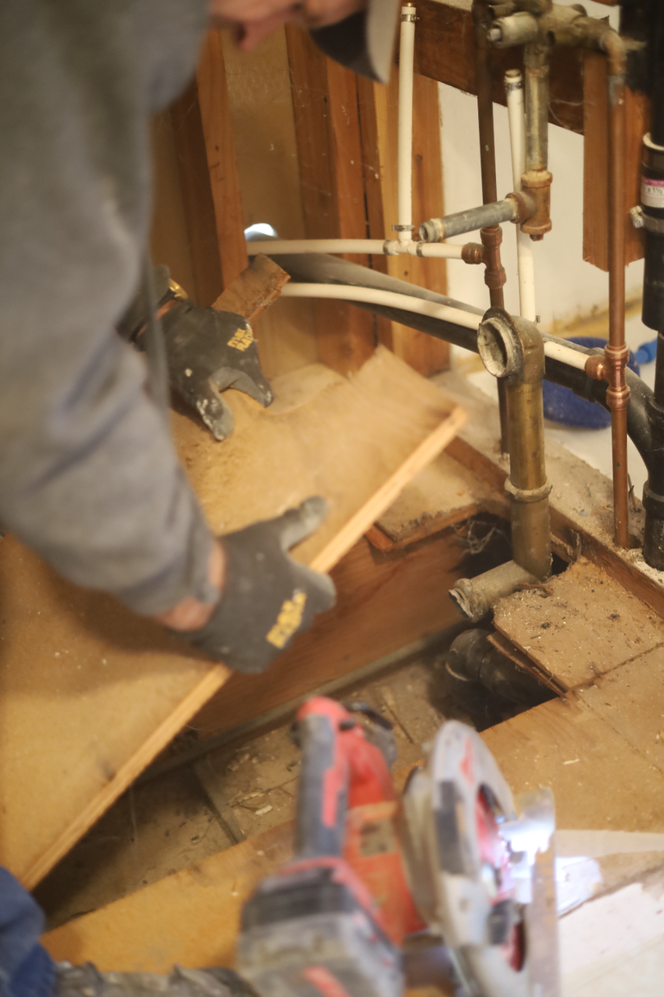 Plumbing rough-in during a kitchen remodel