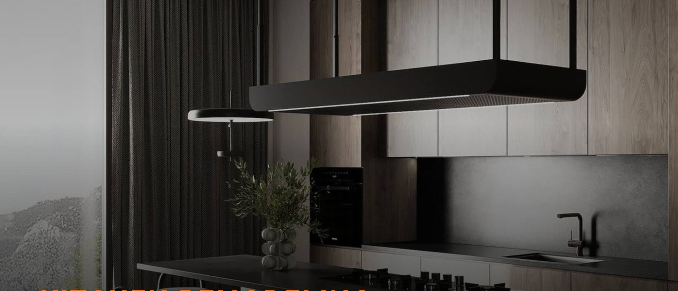 Modern kitchen with dark island and integrated hood