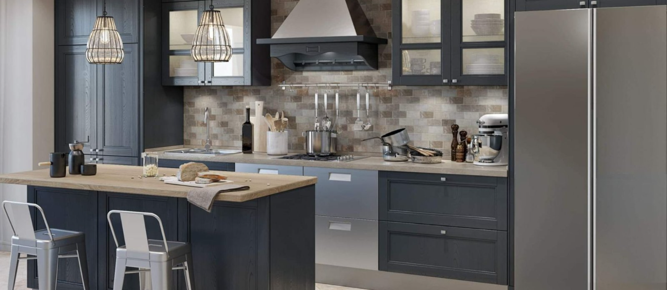 Navy kitchen with brick backsplash and butcher-block island